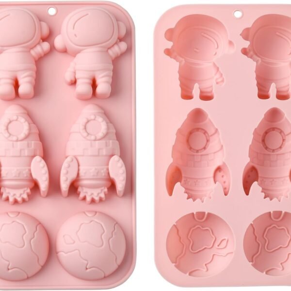 Space Theme Chocolate Mold I 3D Fondant Astronaut Rocket Earth Shape Silicone Baking Mould I for Handmade DIY Jelly Cakes Dessert Candy Pastry Polymer Clay Muffin Cupcake Décor - 6 Cavity